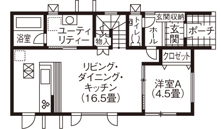 ハウジングカフェ 【間取図/４LDK/省エネ】創エネと省エネを愉しみながらお気に入りの間取りで暮らす！の間取り図（4LDK）１階