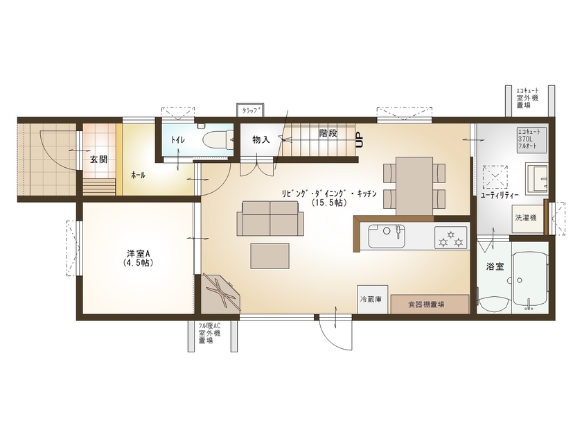 ハウジングカフェ 【間取図/４LDK】ちょうどいいサイズのお家、インテリアがお気に入りの間取り図（4LDK）1階