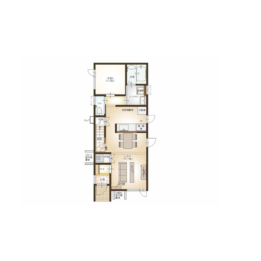 ハウジングカフェ 【間取図/約30坪】南向きの開放的なリビングで奥の洋室がおしゃれな4LDKの間取り図（4LDK）1階