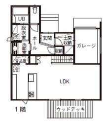 いばらきの家 茨城県南木造住宅センター カッコよさ×木の温もりが融合。邸内から愛車や自然を望む家の間取り図（4LDK）1階