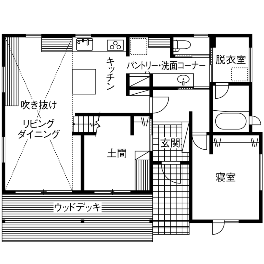 いばらきの家 茨城県南木造住宅センター 【2500万円～2999万円／家事動線／38坪／間取図有】空間を包み込む木の心地よさ。洗練の造作家具で暮らす家の間取り図（3LDK+土間）1階