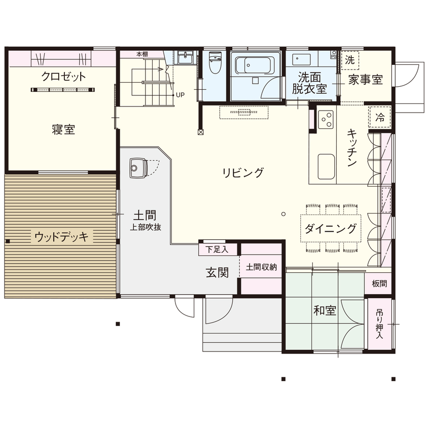 いばらきの家 茨城県南木造住宅センター 【3500～3999万円／四季を取り込む開放感／45.2坪／間取図有】木のぬくもりを感じる自然の恵みを享受する家の間取り図（5LDK+書斎）1階