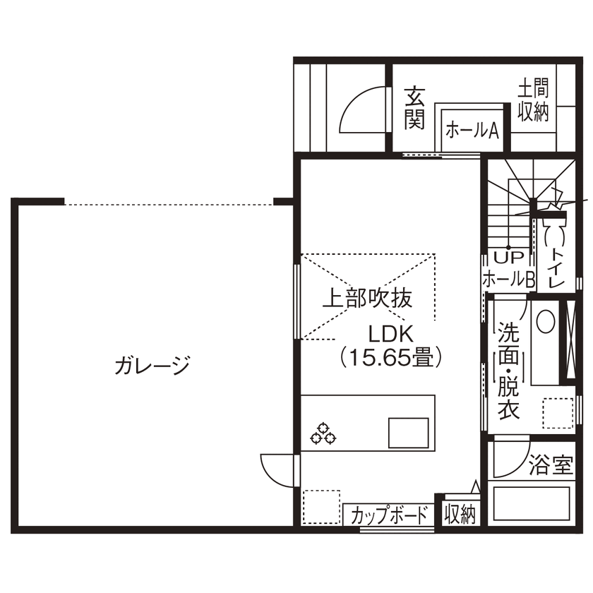 東宝ホーム　広島 リビングから愛車を眺める至福の時間。高断熱仕様のインナーガレージのある家の間取り図（３LDK+ガレージ）１階