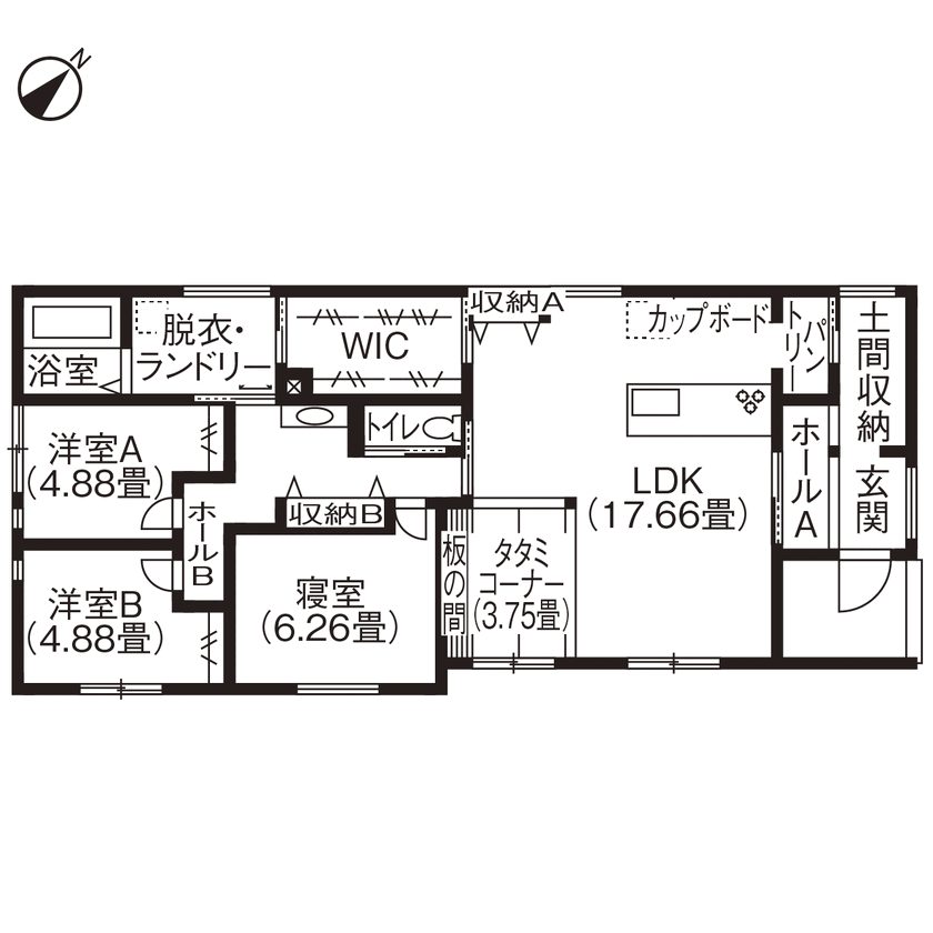 東宝ホーム　広島 猫も家族も心地いい。抜群の家事動線で、今も年をとってからも暮らしやすい平屋の家の間取り図（3LDK）1階