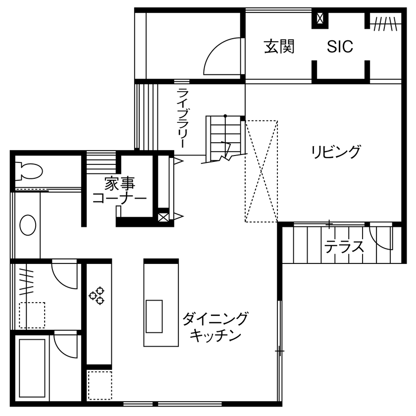 R+house 松江・鳥取・米子・倉敷北 【心地よい「居場所」のある家】吹抜けとスケルトン階段/2階建て約33坪の間取り図（1LDK）1階