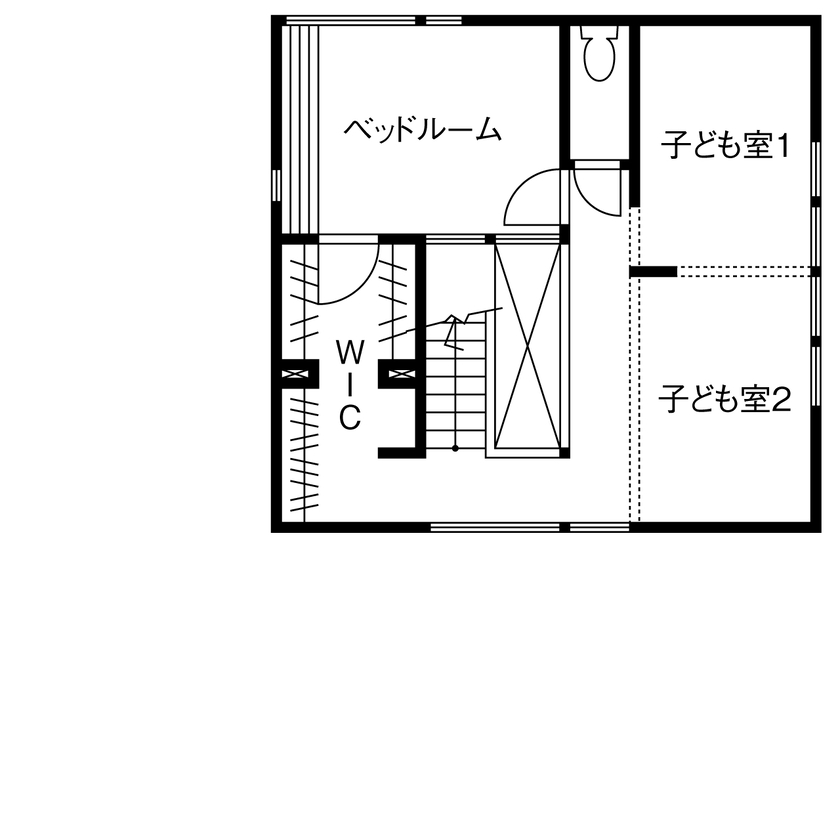 R+house 松江・鳥取・米子・倉敷北 【心地よい「居場所」のある家】吹抜けとスケルトン階段/2階建て約33坪の間取り図（1LDK）2階