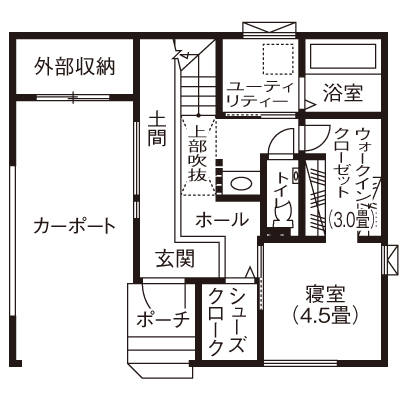 ロゴスホーム 【2000万円台/間取図/カーポート】広い土間と光あふれる２階ＬＤ　ライフスタイルを愉しむ我が家の間取り図（2LDK）１階