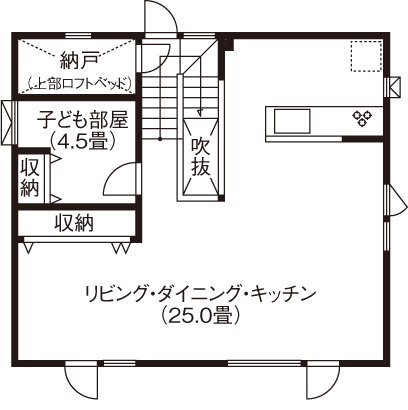 ロゴスホーム 【2000万円台/間取図/カーポート】広い土間と光あふれる２階ＬＤ　ライフスタイルを愉しむ我が家の間取り図（2LDK）２階
