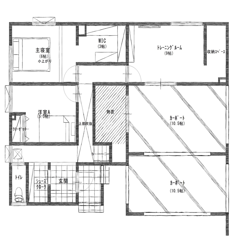 ロゴスホーム 【北海道/旭川市/４LDK/ビルトインガレージ】アウトドア気分を楽しめる遊びごごろのある家の間取り図（4LDK）一階平面図