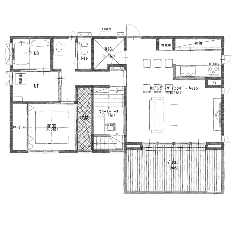 ロゴスホーム 【北海道/旭川市/４LDK/ビルトインガレージ】アウトドア気分を楽しめる遊びごごろのある家の間取り図（4LDK）二階平面図
