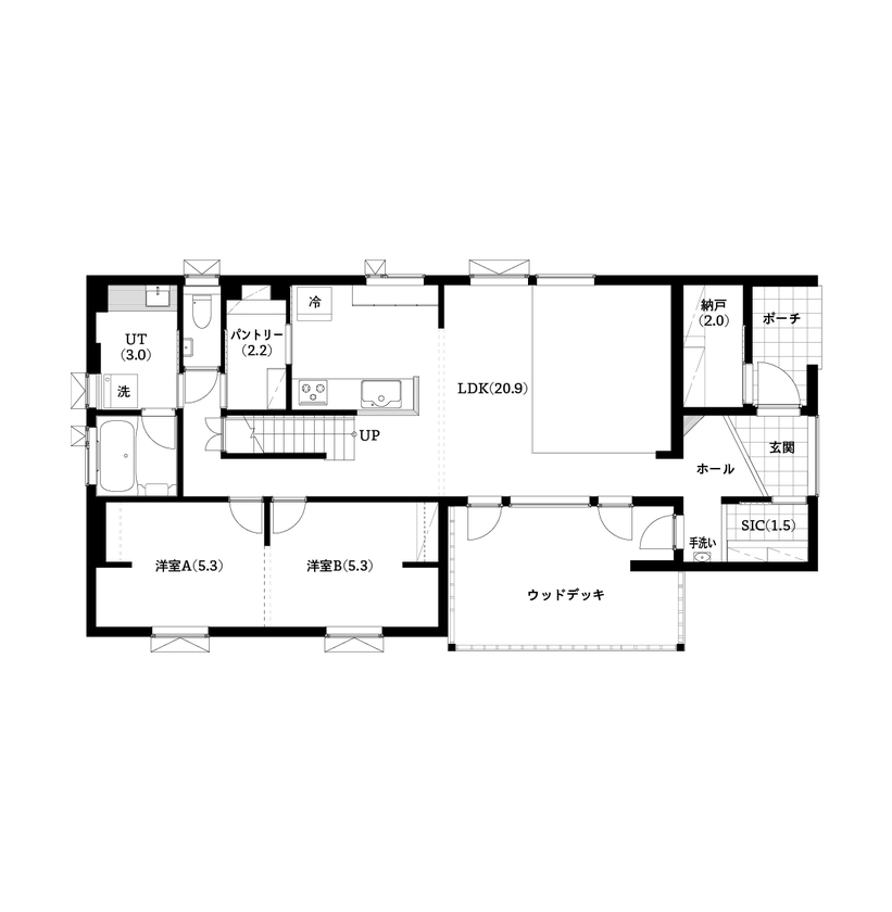 ロゴスホーム 【2000万円台/間取図】毎日をもっとアクティブに！「別荘暮らし」がテーマのアウトドアスタイルの家の間取り図（3LDK）1階