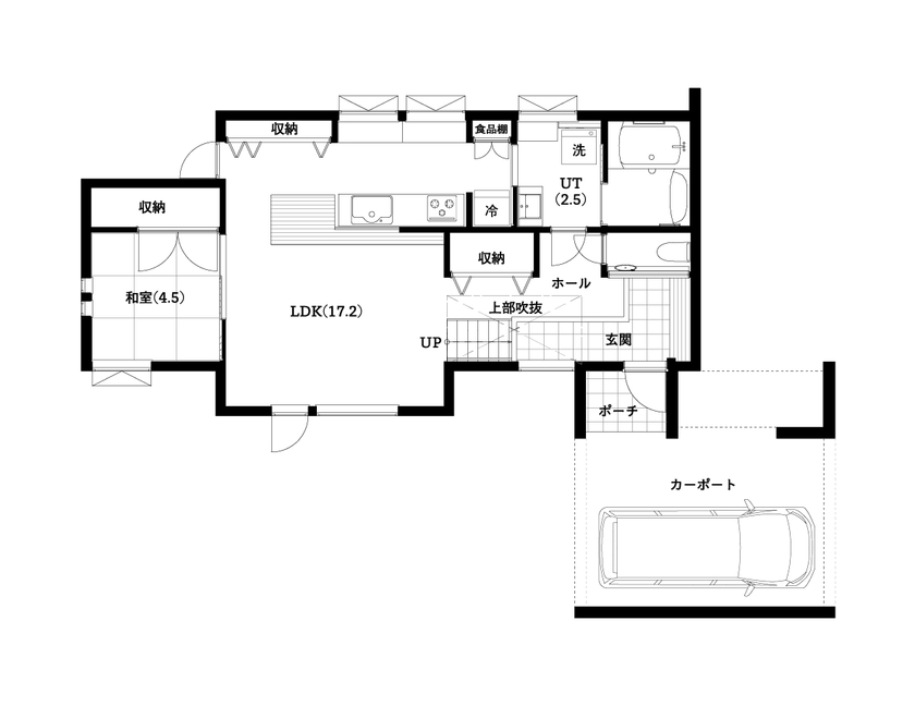 ロゴスホーム 【2000万円台/間取図/カーポート】木のぬくもりがモダンな家の間取り図（3LDK）1階