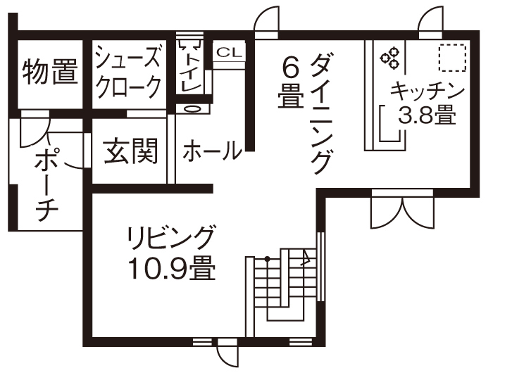ロゴスホーム 【2000万円台｜間取図あり｜カーポート】センスが光る素敵な住まい　大きな吹抜け設計とLD分離の間取り図（2LDK）1階
