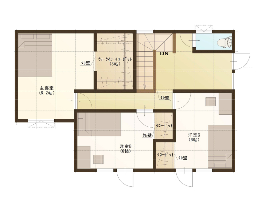 ロゴスホーム 【1000万円台｜収納充実｜お子様3人】ナチュラルテイストで家族みんながリラックスできるあたたかい空間の間取り図（4LDK+SC）2階