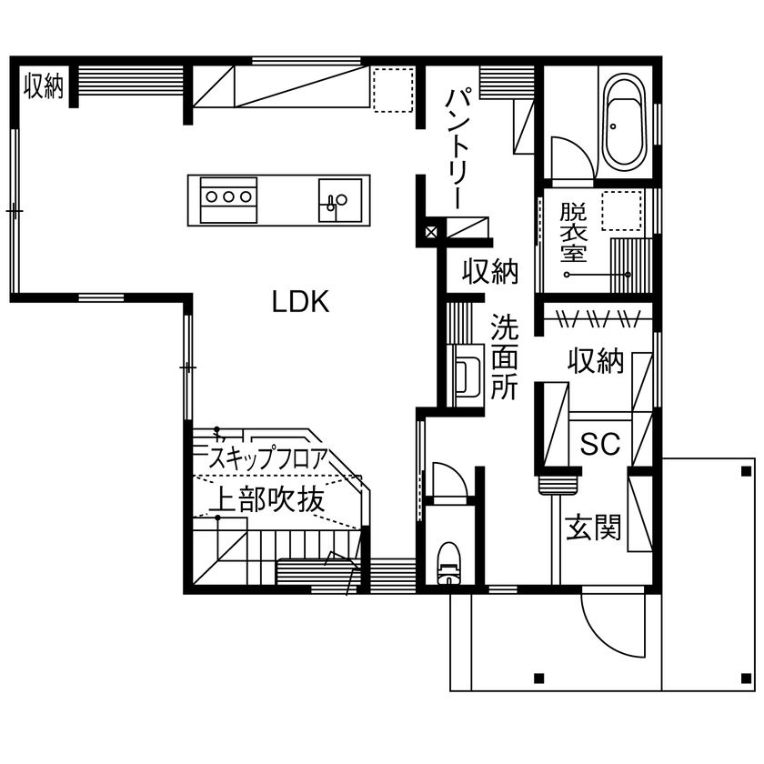 ロゴスホーム 【ふじみ野市／吹抜／収納充実／間取図】家族が集まり、団欒を楽しむキッチンにこだわった住まいの間取り図（4LDK+畳コーナー+WIC）1階
