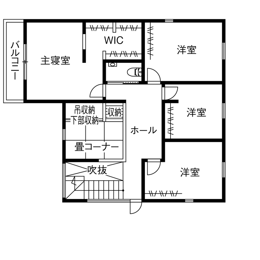 ロゴスホーム 【ふじみ野市／吹抜／収納充実／間取図】家族が集まり、団欒を楽しむキッチンにこだわった住まいの間取り図（4LDK+畳コーナー+WIC）2階