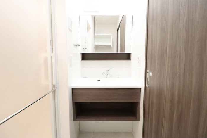 洗面設備　三面鏡のシャワードレッサーを搭載です。