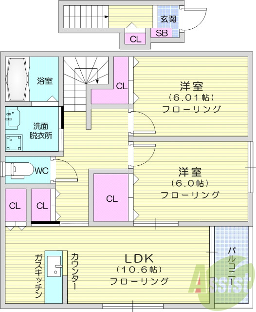 仙台市若林区六丁の目南町のアパートの間取り