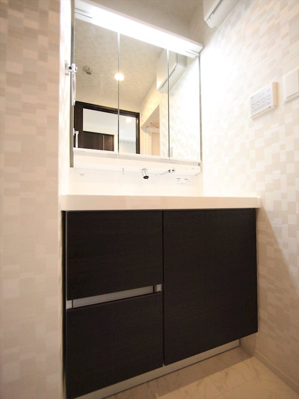 洗面設備　脱衣所　独立洗面台（シャンプードレッサー付）収納スペース有