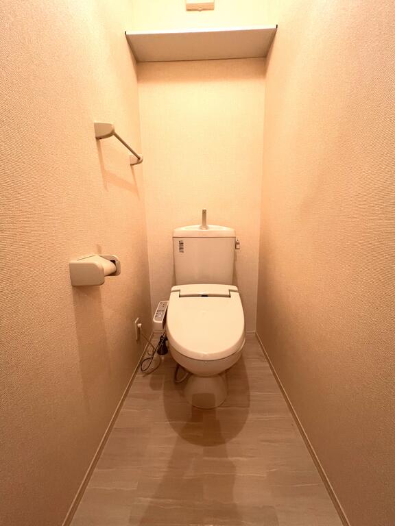 トイレ　ウォッシュレット、タオルハンガー、棚付きです。