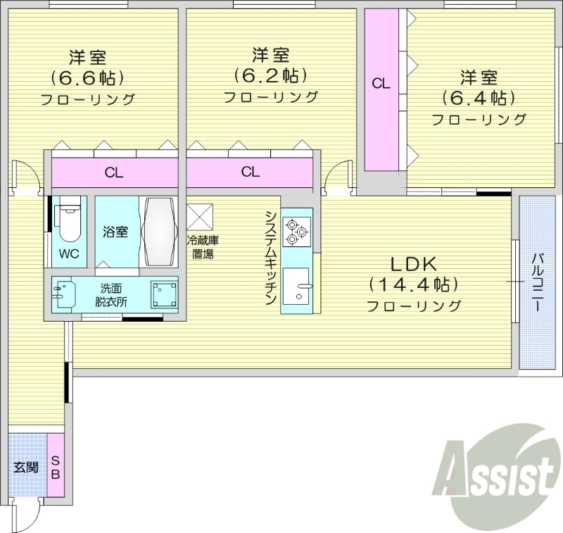 札幌市白石区中央二条のマンションの間取り