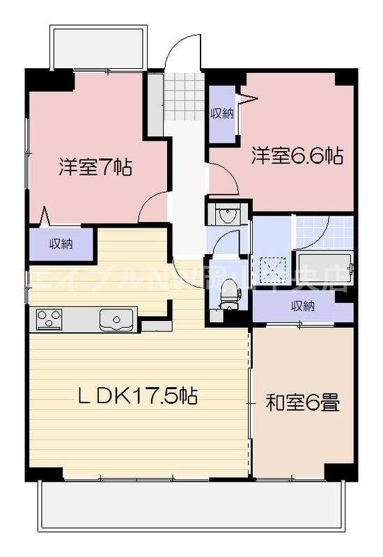 岡山市北区弓之町のマンションの間取り