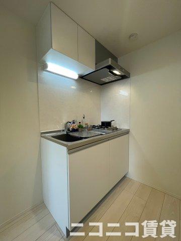 キッチン　２口ガスコンロ付き、上下に収納が有ります。