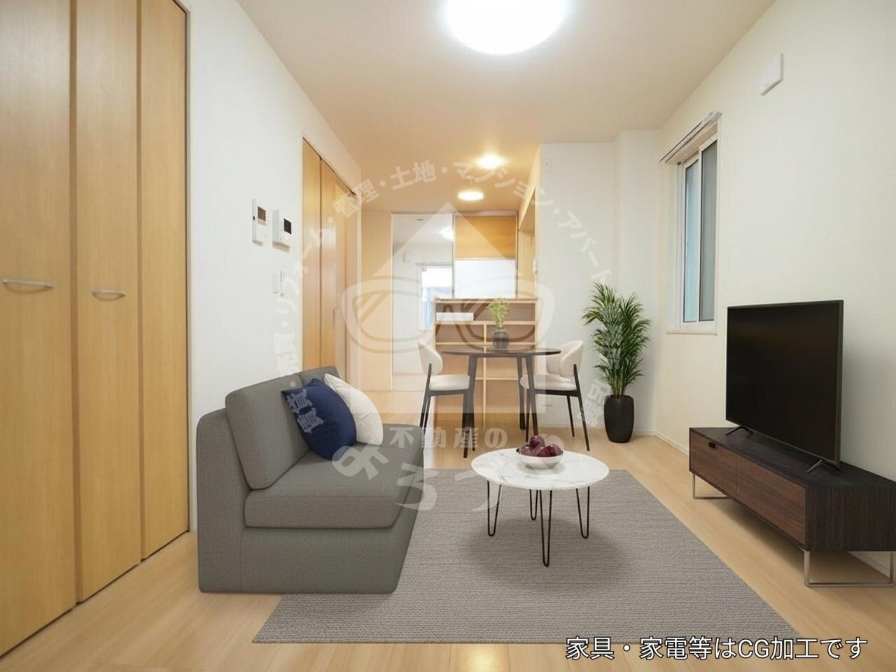 建物外観　アクセントクロスがお洒落な明るいリビングはゆとりを感じます