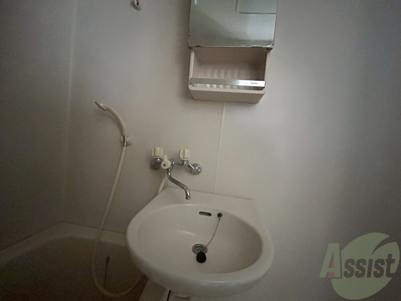 洗面設備　鏡と収納がついていて、不自由なく使えそうです。