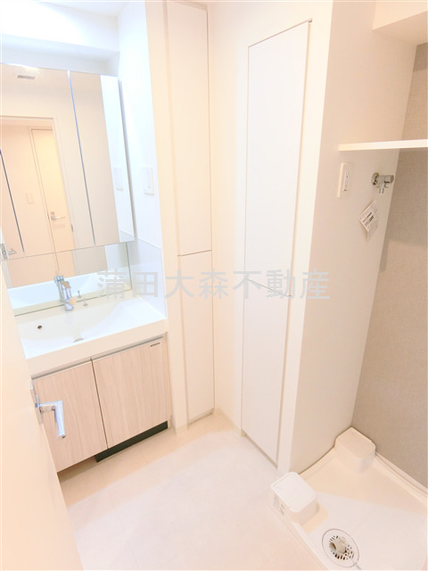 洗面設備　3面鏡の独立洗面台　洗濯機置き場　棚収納がうれしい洗面脱衣所