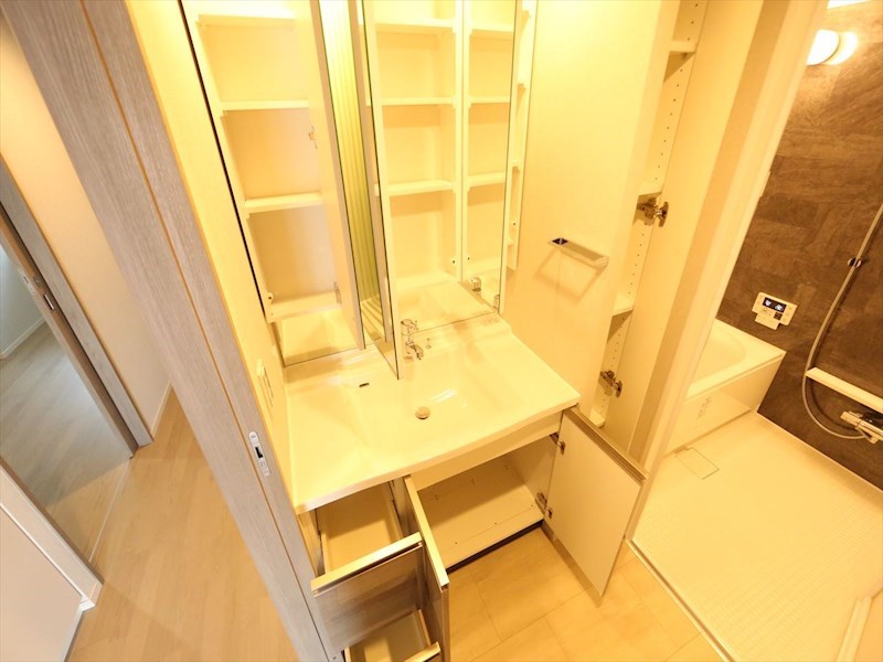 洗面設備　脱衣所　独立洗面台（シャンプードレッサー付）収納スペース有