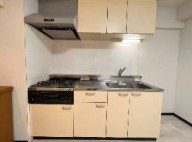 キッチン　室内写真は原状回復工事前のお写真となります。