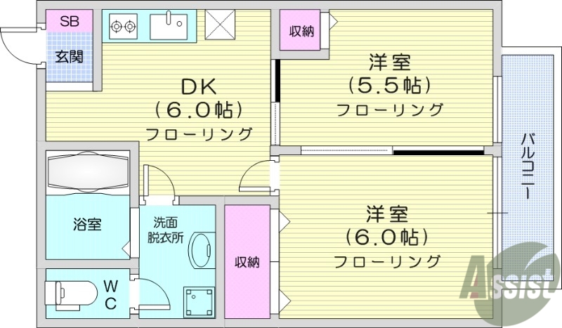 仙台市青葉区上愛子のアパートの間取り