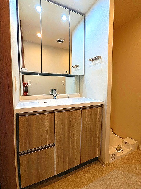 洗面設備　三面鏡付独立洗面台、右下にヘルスメーター入れスペースあり