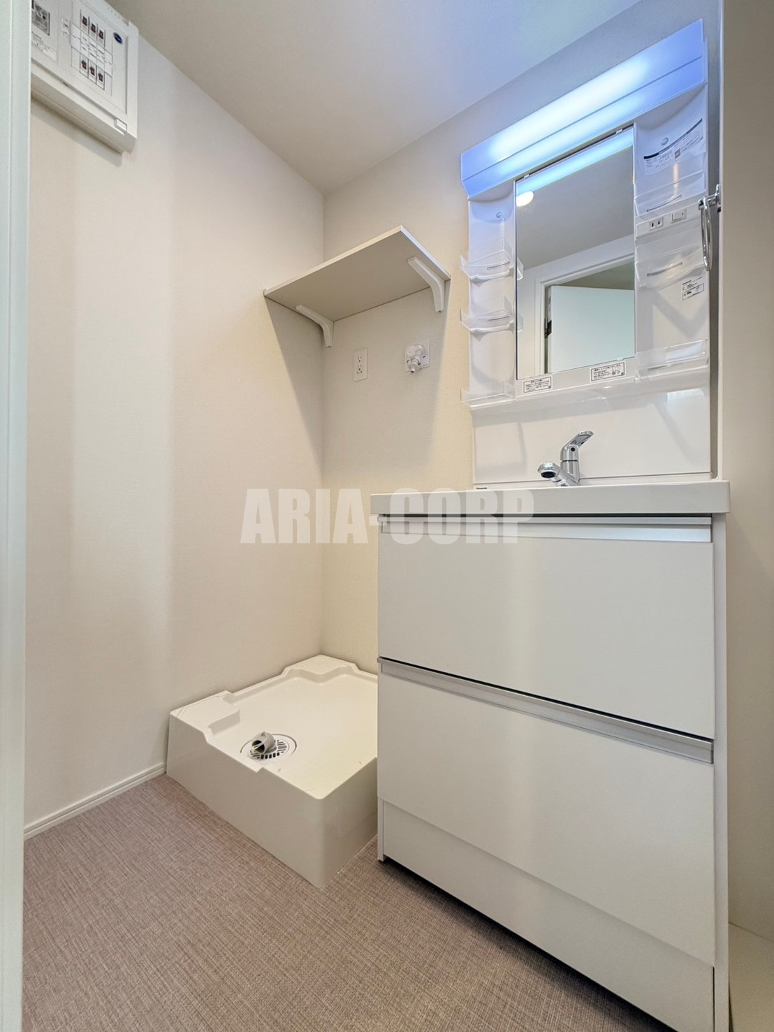 洗面設備　独立洗面台。シャワーヘッドタイプで洗髪や手入れに◎です