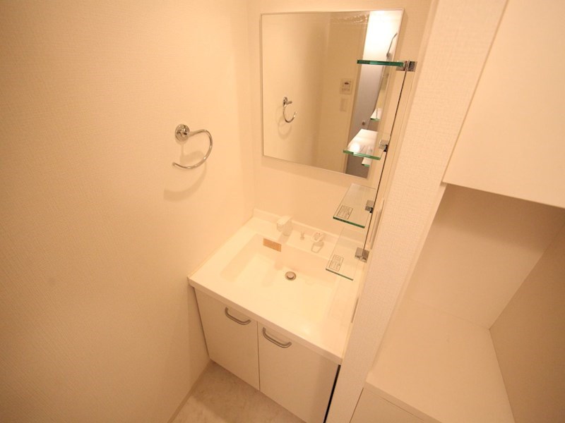 洗面設備　脱衣所　独立洗面台（シャンプードレッサー付）　収納棚付き