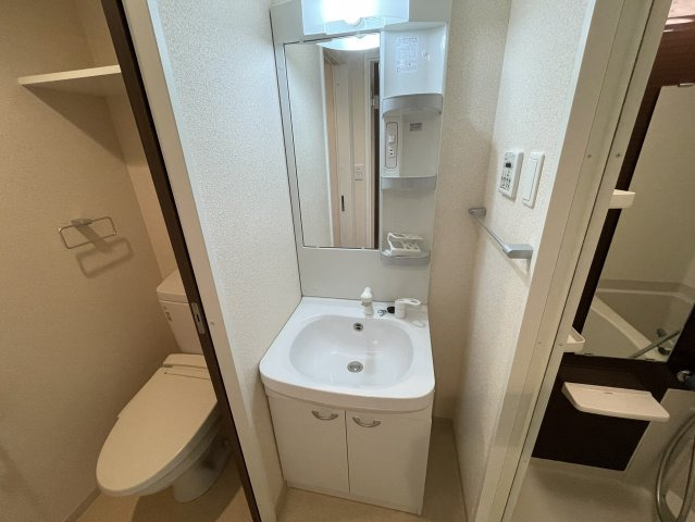 トイレ　収納の多い独立洗面です。