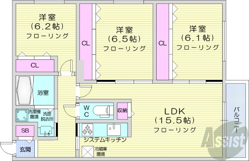 札幌市中央区南十五条西のマンションの間取り