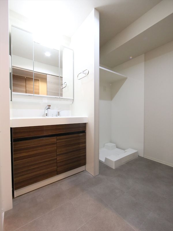 洗面設備　脱衣所　独立洗面台（シャンプードレッサー付）収納スペース有