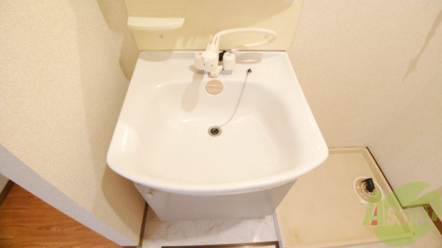 洗面設備　シャワーノズル付きの洗面台は、きれいで広くて使い易い。