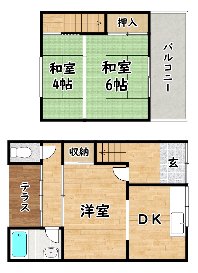 ＪＲ片町線 鴻池新田駅 徒歩15分 2階建 築53年の間取り写真