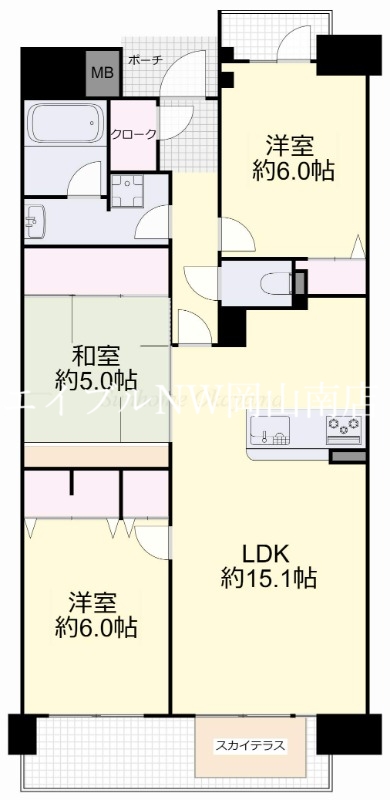 岡山市北区駅前町のマンションの間取り