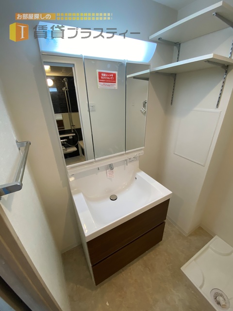 洗面設備　収納棚付きの三面鏡。