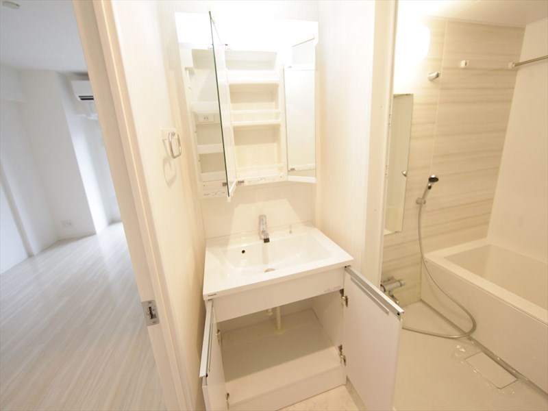 洗面設備　脱衣所　独立洗面台（シャンプードレッサー付）収納スペース有