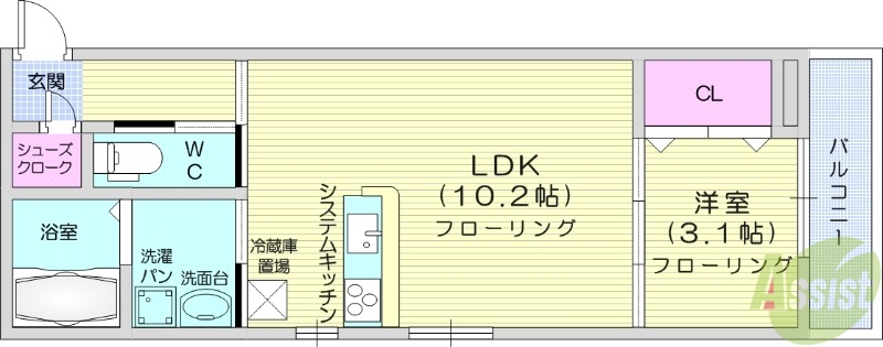 仙台市若林区二軒茶屋のアパートの間取り