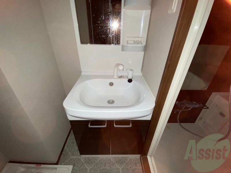 洗面設備　シャワーノズル付きの洗面台は、きれいで広くて使い易いです。