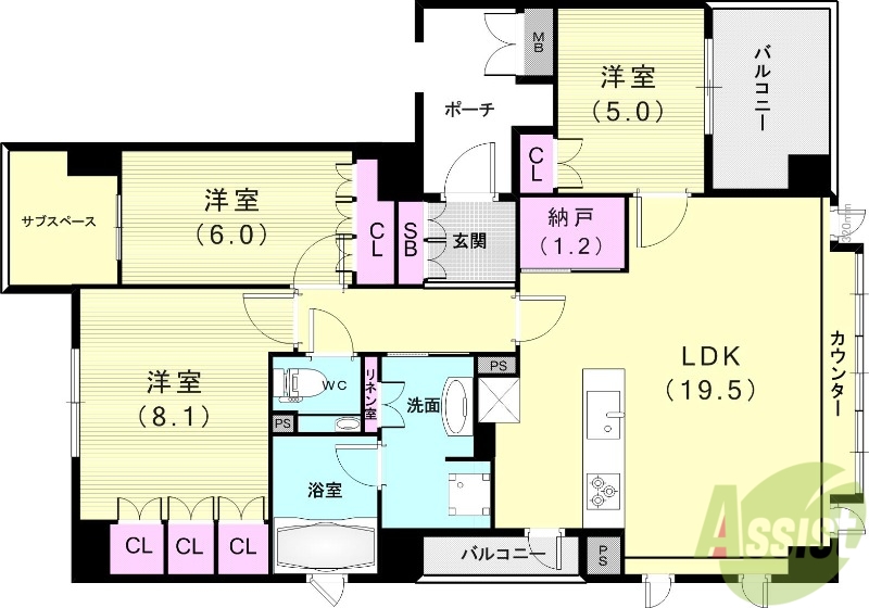 芦屋市山芦屋町のマンションの間取り