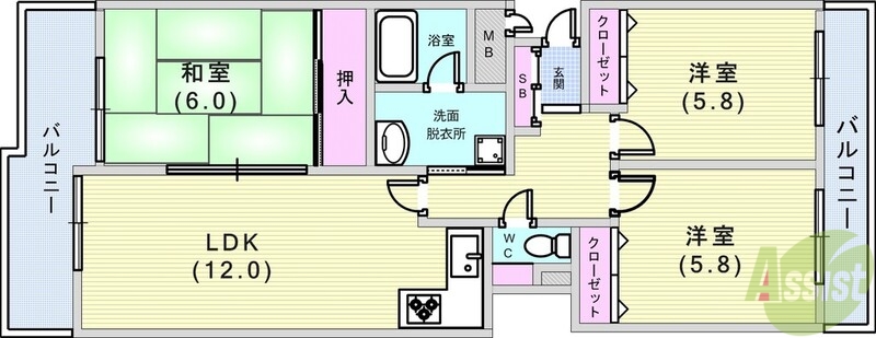 神戸市灘区箕岡通のマンションの間取り