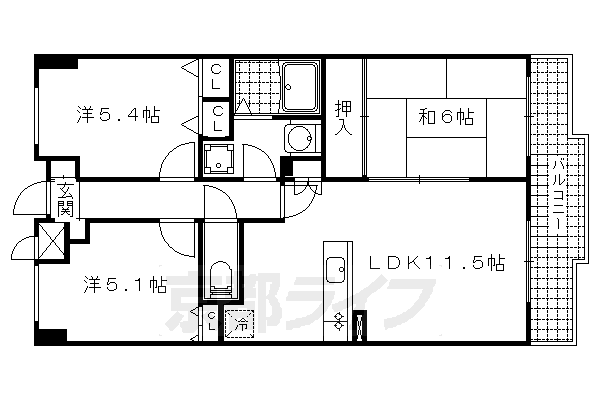 京都市伏見区石田桜木のマンションの間取り
