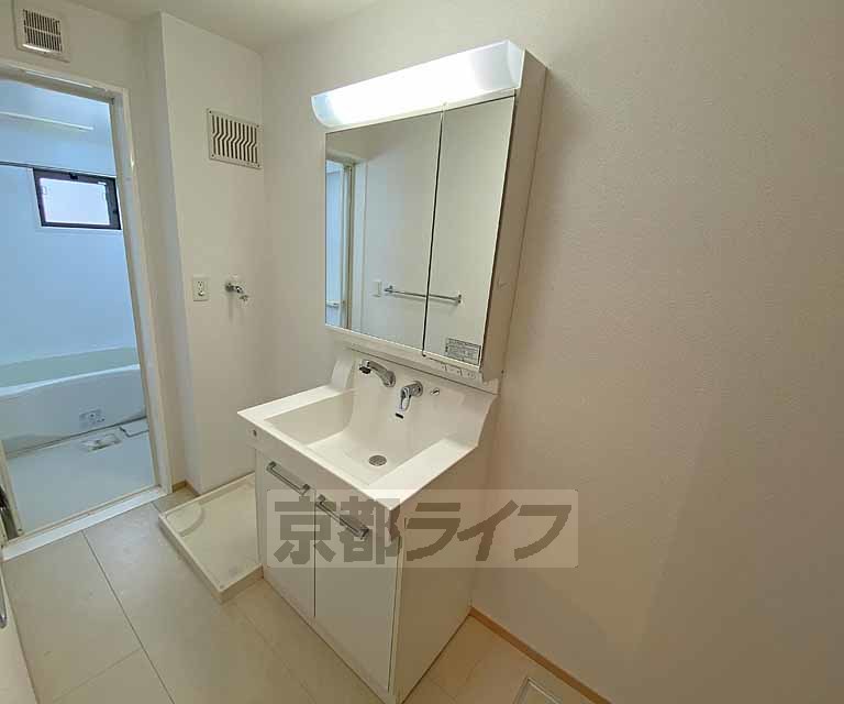 洗面設備　ハイバック水栓の独立シャワー洗面台です。